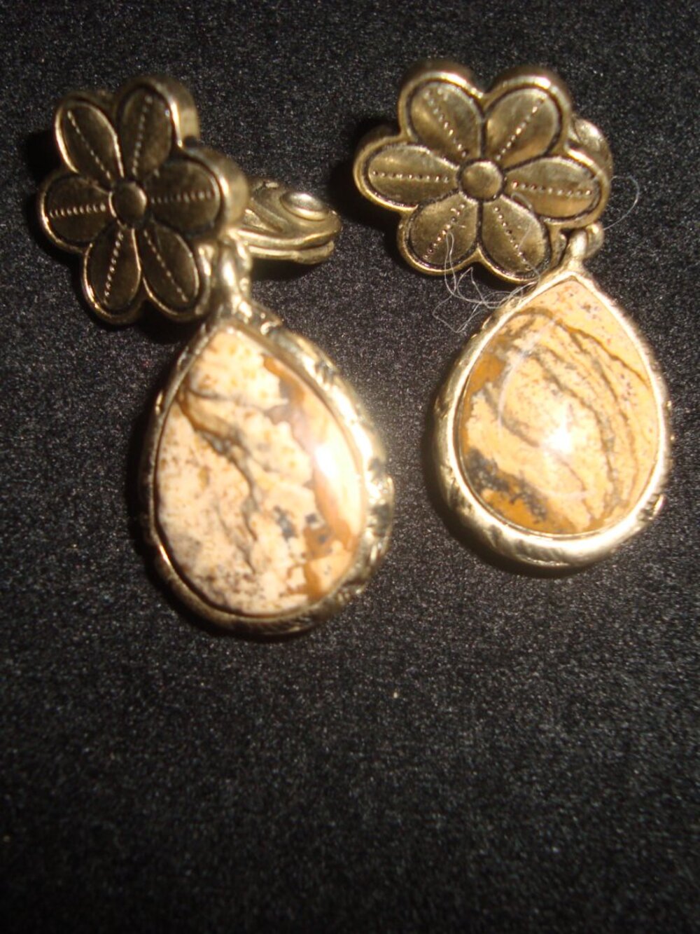 Vintage Brown Jasper Silver Gold Drop Flower Clip Earrings Southwestern Style